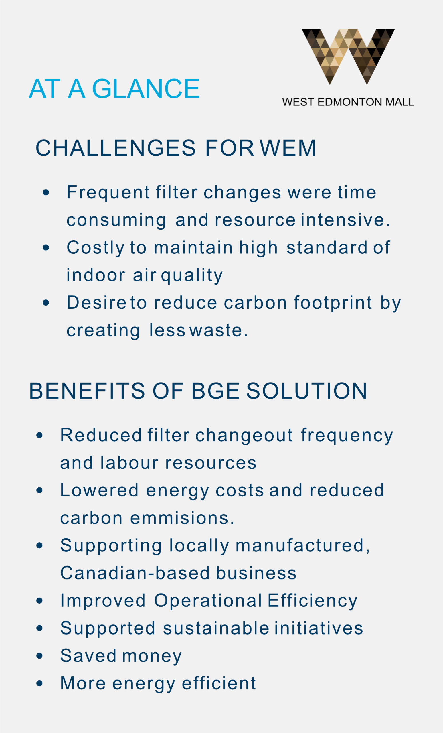 CHALLENGES FOR WEM -Frequent filter changes were time consuming and resource intensive. -Costly to maintain high standard of indoor air quality -Desire to reduce carbon footprint by creating less waste. BENEFITS OF BGE SOLUTION -Reduced filter changeout frequency and labor resources -Lowered energy costs and reduced carbon emissions. -Supporting locally manufactured, Canadian-based business -Improved Operational Efficiency -Supported sustainable initiatives -Saved money -More energy efficient