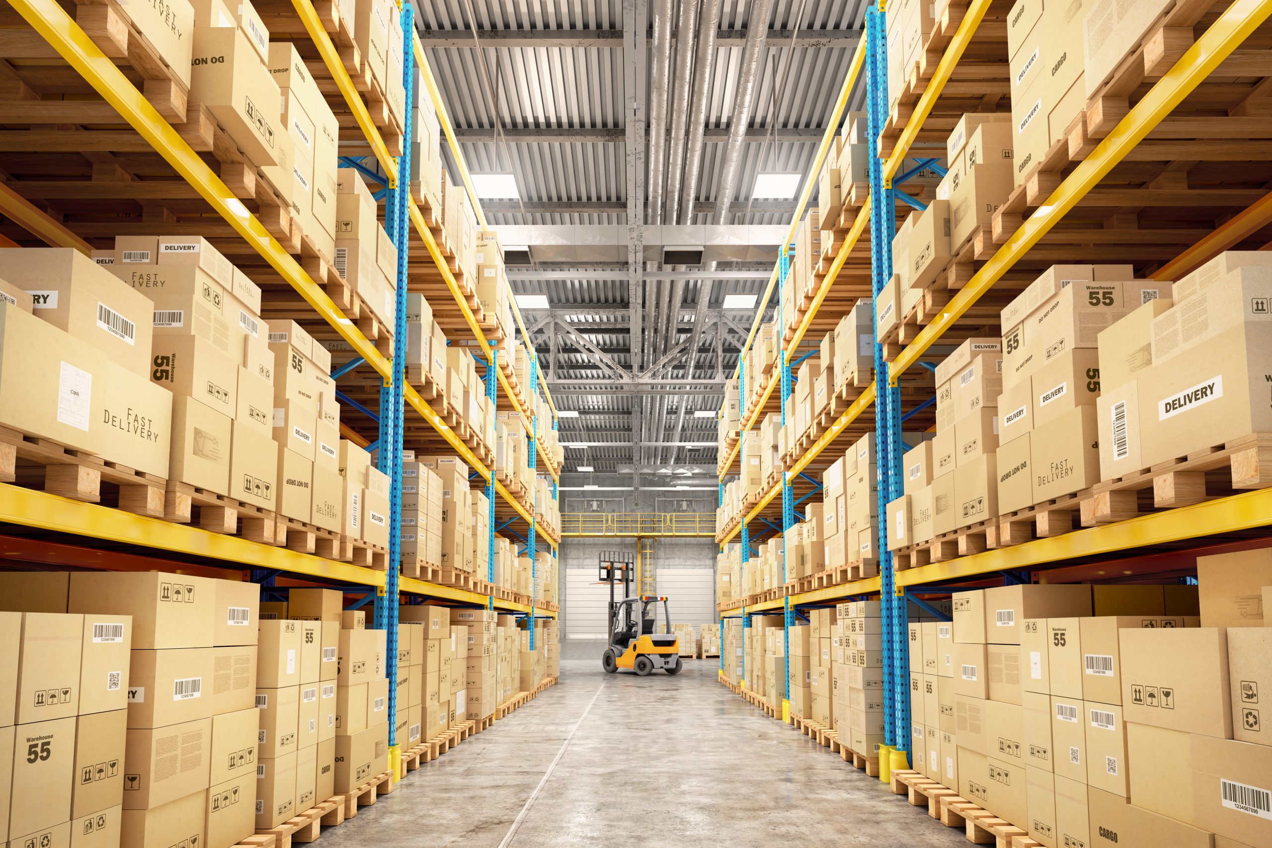 Concept of warehouse. The forklift between rows in the big warehouse