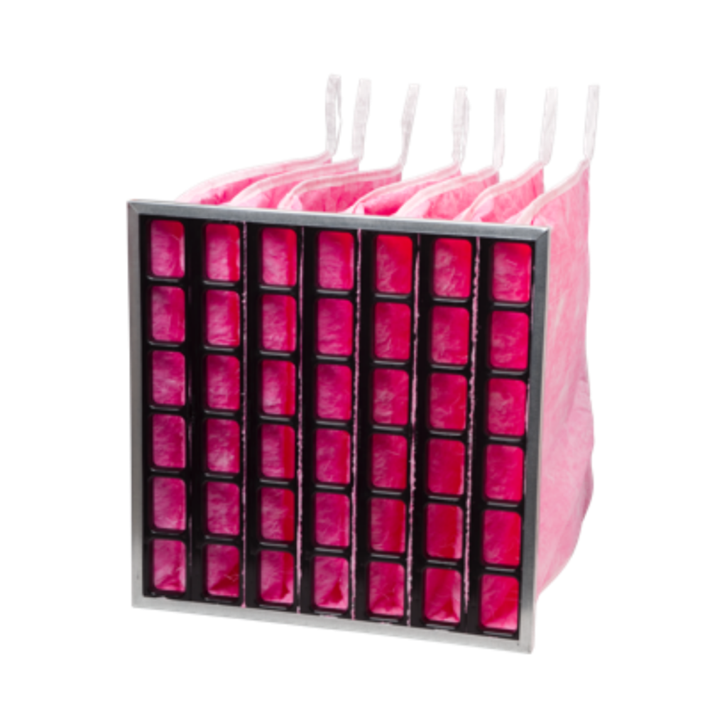 Bio-Pac bag filter with seven pink filter bags and grid shell