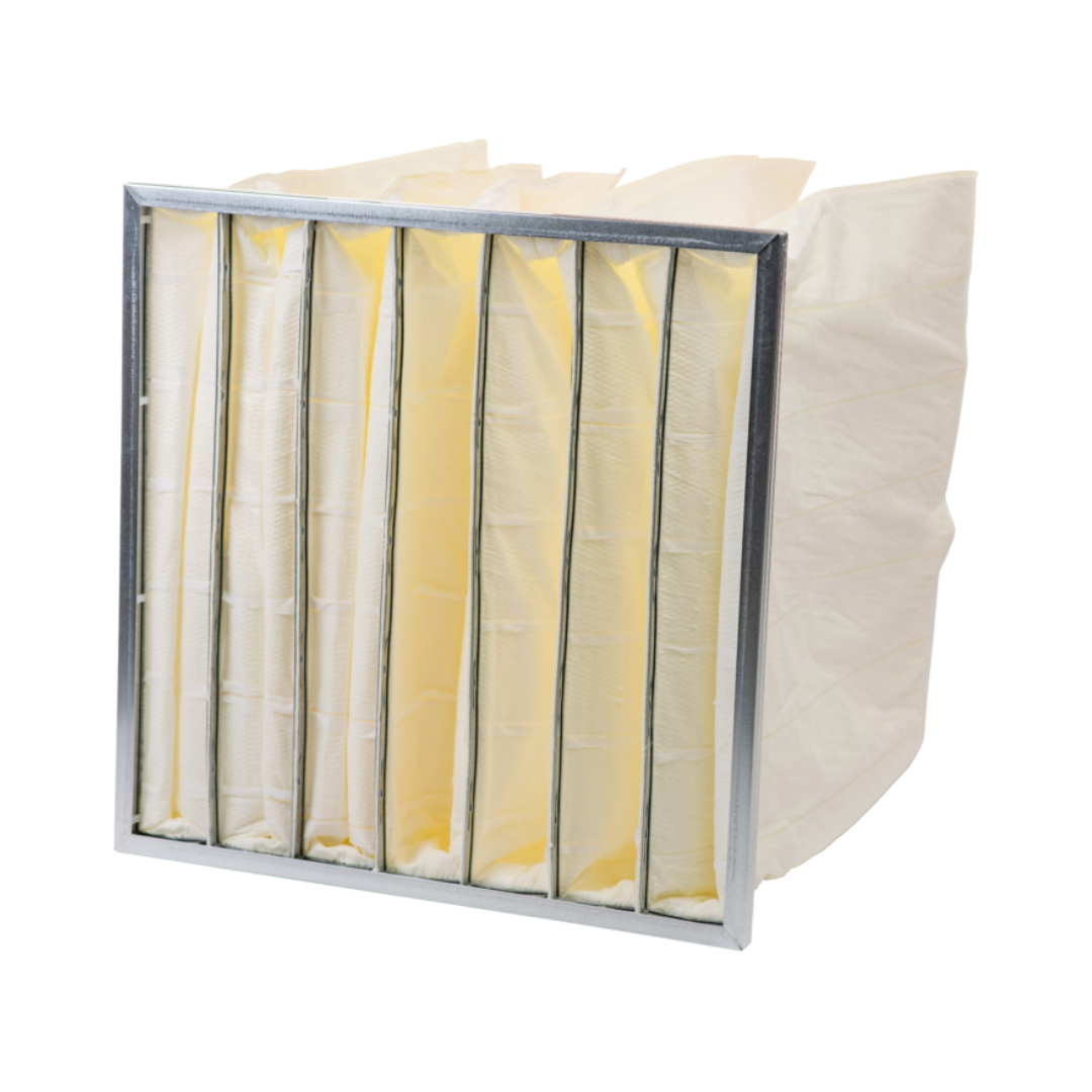 Tech-Bag extended surface pocket filter with metal support frame holding seven yellow filter bags