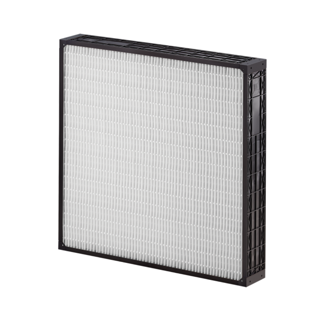 VariCel® 2+ HC Box Filter with white intricate pleats and a black hard casing
